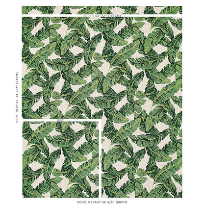 Tropical banana leaf print in greens on beige background; fabric/wallpaper swatch with white outline panels showing repeat.