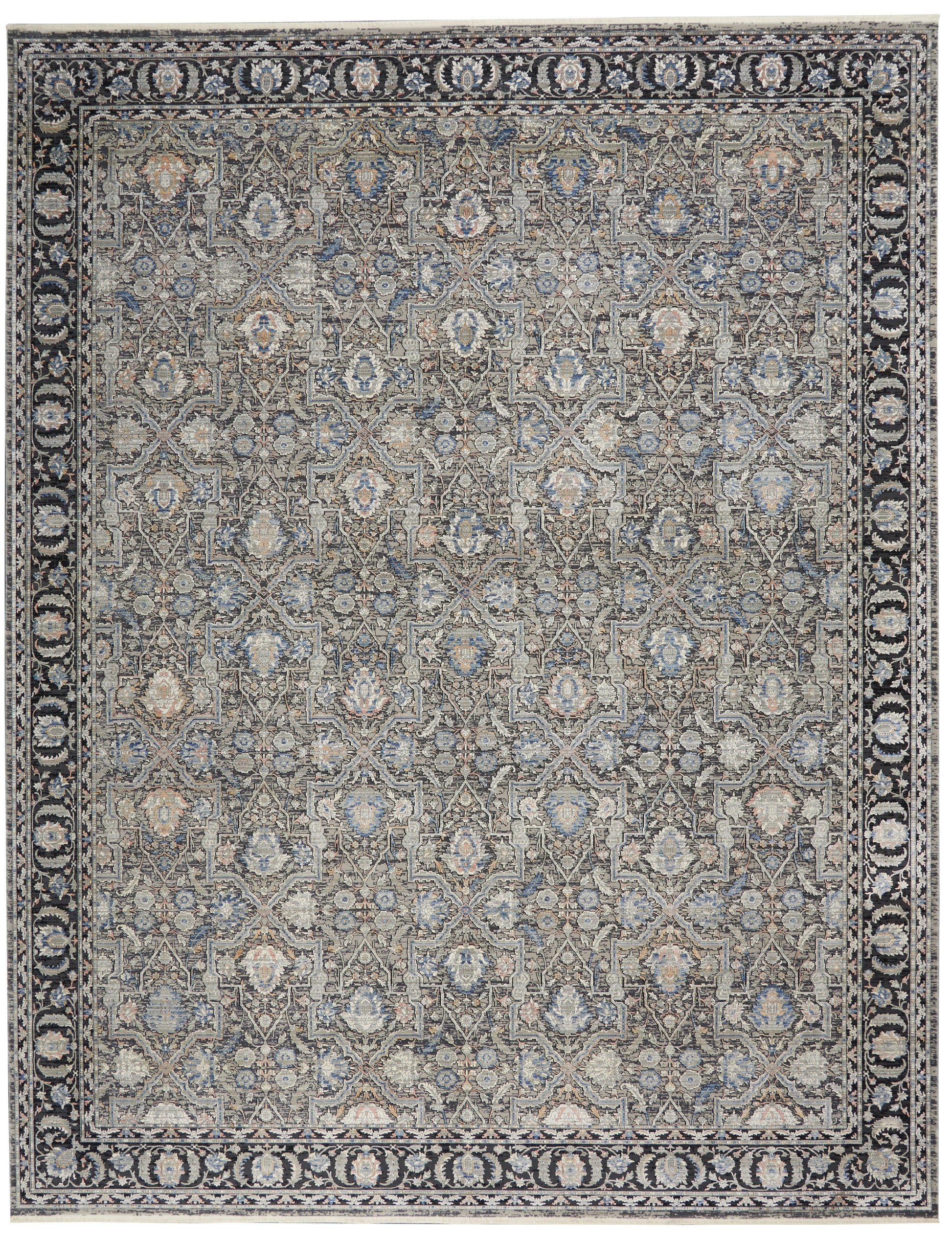 Traditional Persian-style rug with blue, ivory, and gray tones; dense repeating medallion motifs and ornate dark border.