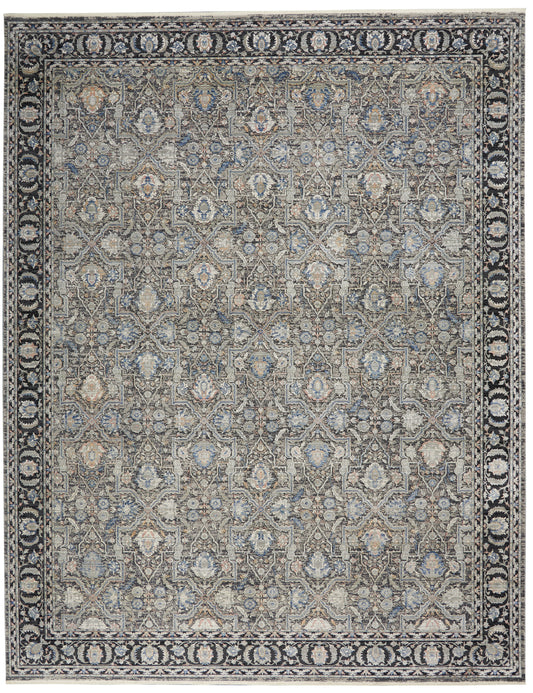Traditional Persian-style rug with blue, ivory, and gray tones; dense repeating medallion motifs and ornate dark border.