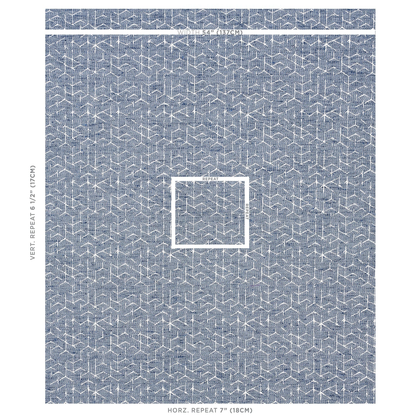 Blue geometric textile with white tessellating lattice pattern and a centered square border; ideal rug or wall decor.