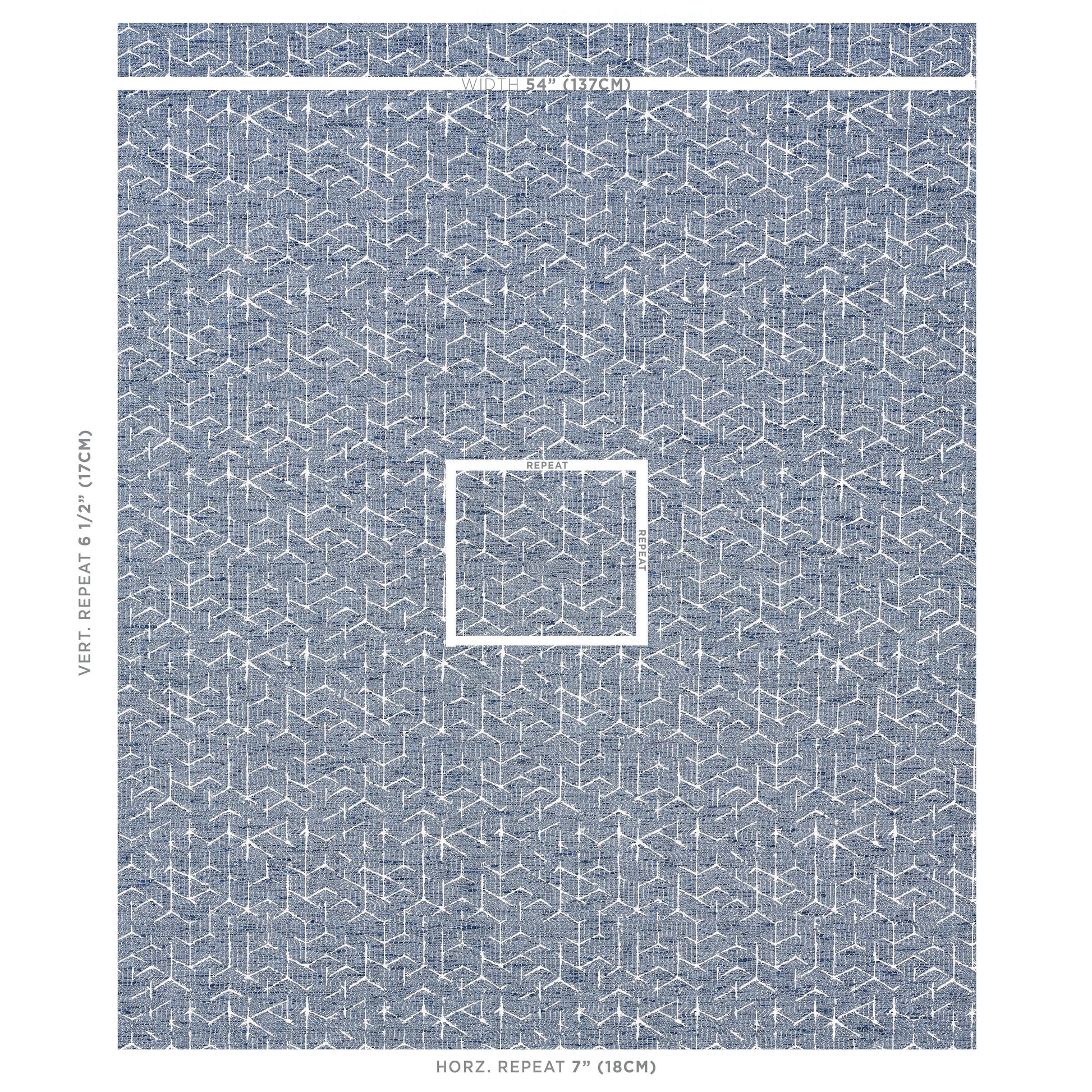 Blue geometric textile with white tessellating lattice pattern and a centered square border; ideal rug or wall decor.