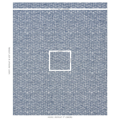 Blue geometric textile with white tessellating lattice pattern and a centered square border; ideal rug or wall decor.