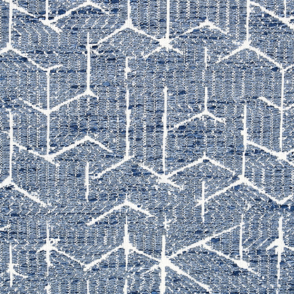 Blue and white geometric chevron rug with textured woven fabric and zigzag pattern.