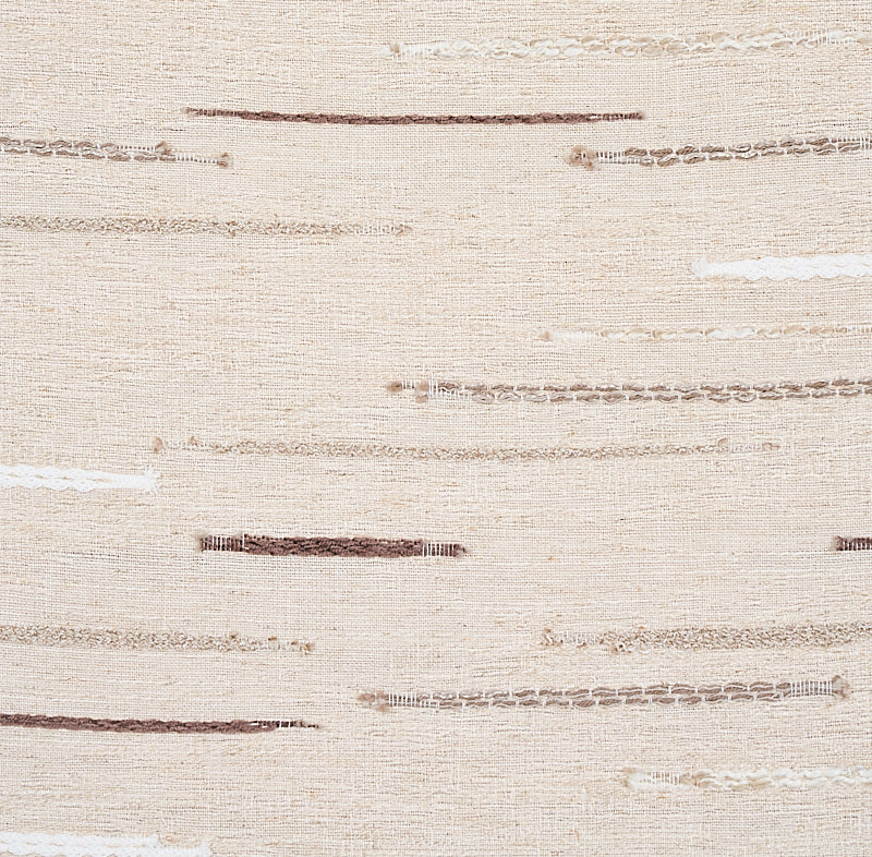 Beige fabric with irregular brown and white horizontal brushstroke lines, subtle woven texture.
