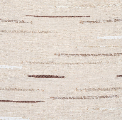 Beige fabric with irregular brown and white horizontal brushstroke lines, subtle woven texture.