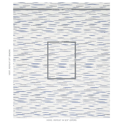 White wallpaper with irregular navy blue brushstroke horizontal stripes; mid-century modern wallcovering for living spaces.