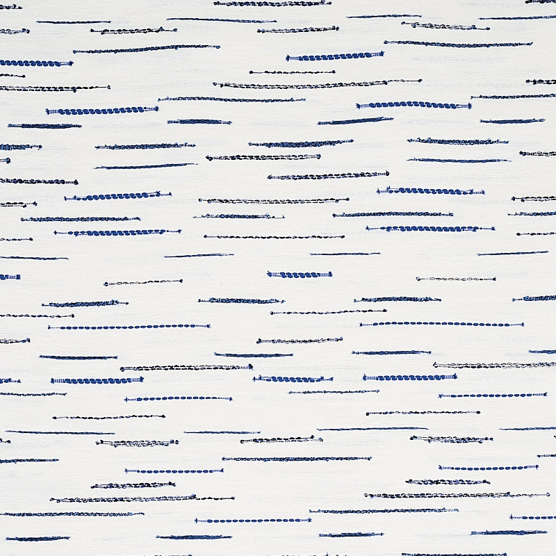 White fabric with random navy blue dash lines and dotted segments, a subtle modern stripe pattern.