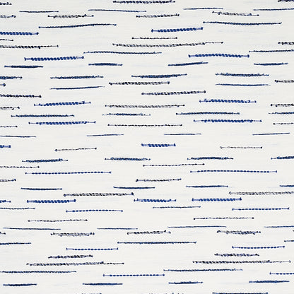 White fabric with random navy blue dash lines and dotted segments, a subtle modern stripe pattern.
