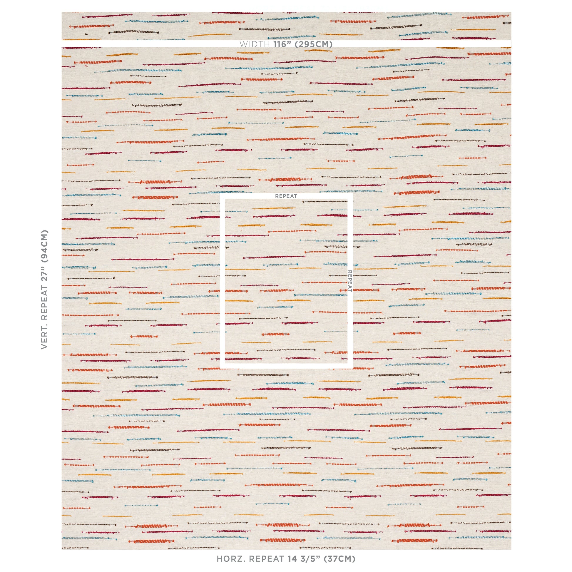 Beige area rug with multicolor short dash stripes in red, orange, blue, teal; modern geometric pattern.