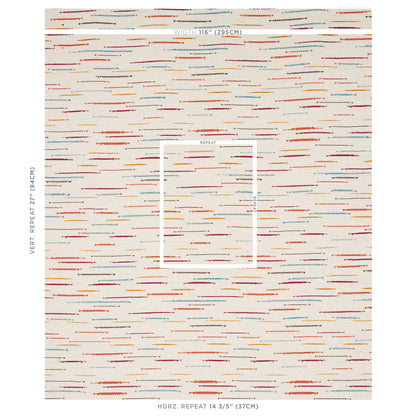 Beige area rug with multicolor short dash stripes in red, orange, blue, teal; modern geometric pattern.