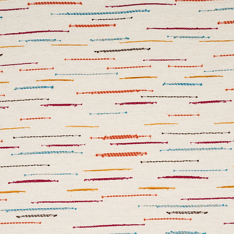 Beige fabric with multicolor dashed lines in orange, blue, pink, yellow and brown for a modern abstract pattern.