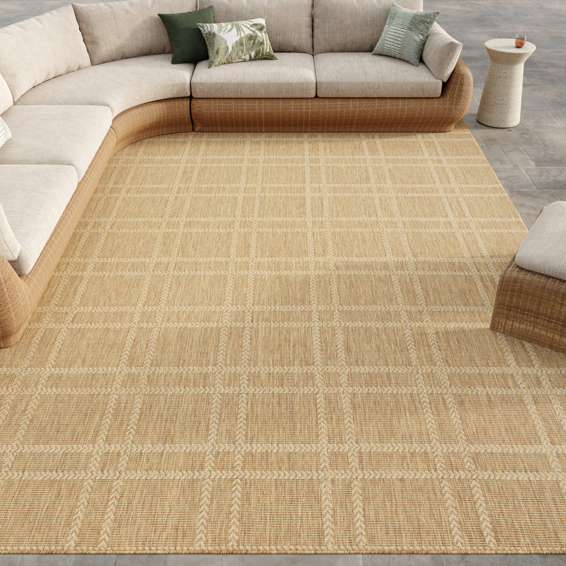 Beige natural jute rug, 8' x 10', with a plaid grid pattern.