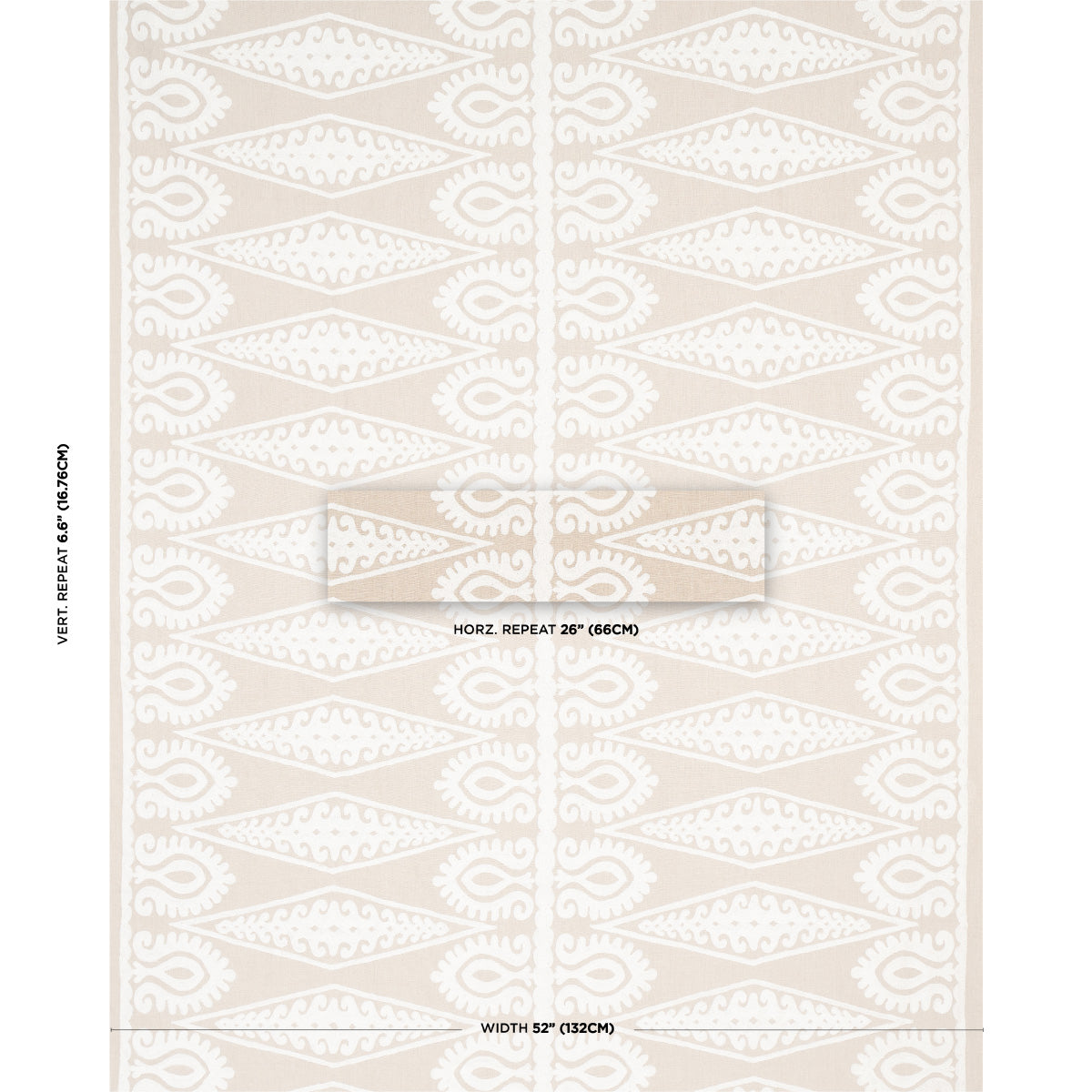 Beige wallpaper with white damask-style repeating scrolls and diamonds; two-panel pattern.