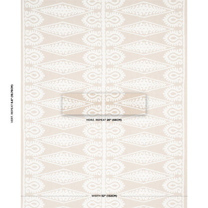 Beige wallpaper with white damask-style repeating scrolls and diamonds; two-panel pattern.