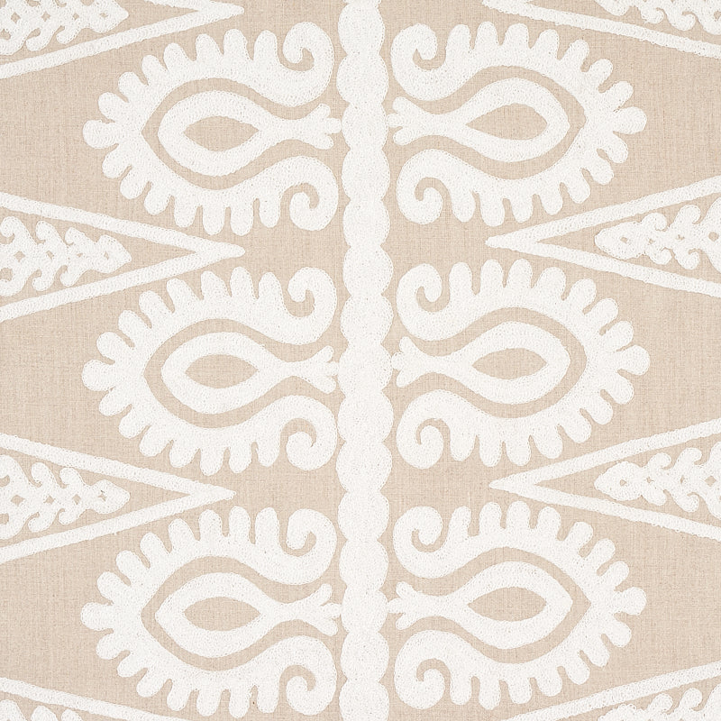 Beige fabric with white damask pattern featuring repeating vertical medallions and swirls.