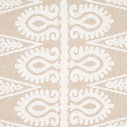 Beige fabric with white damask pattern featuring repeating vertical medallions and swirls.