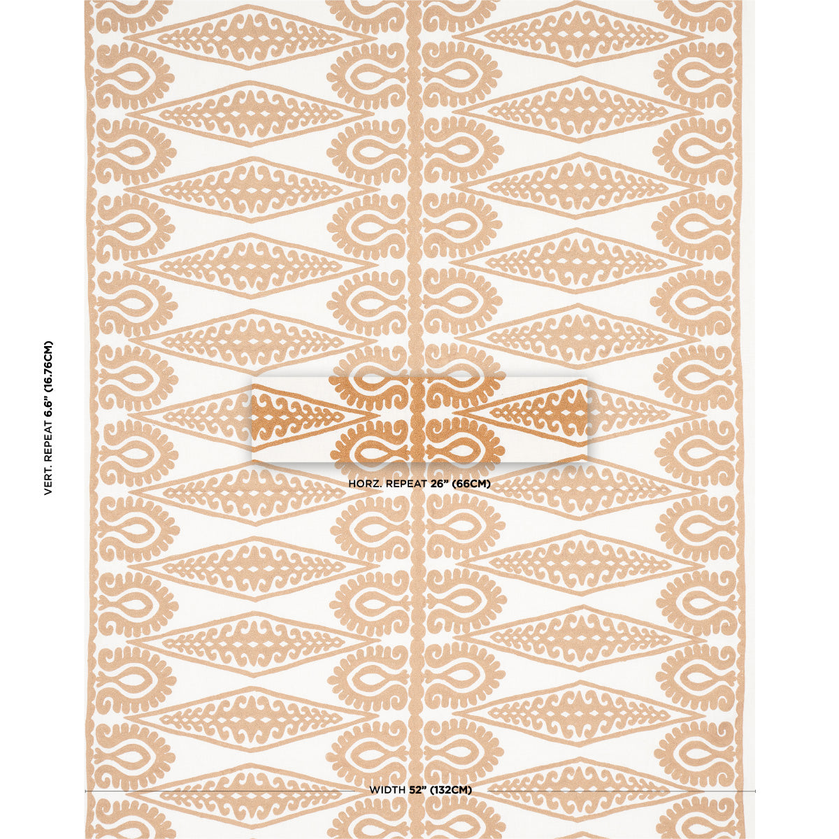 Tan and ivory ornate geometric textile with repeating arabesque diamond motifs along a central seam; decorative rug.
