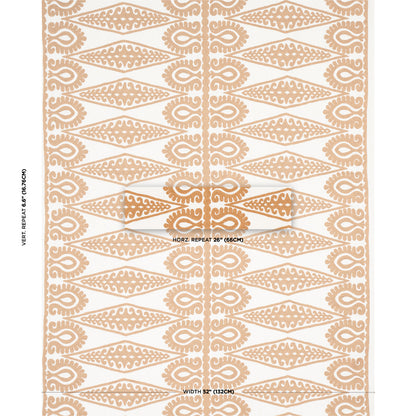 Tan and ivory ornate geometric textile with repeating arabesque diamond motifs along a central seam; decorative rug.