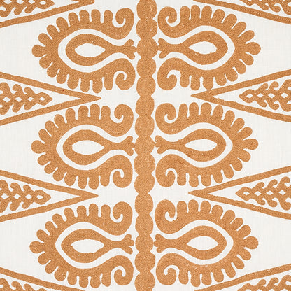 Orange-brown damask-inspired pattern on off-white fabric; repeating ornate loop motifs with a central vertical column.