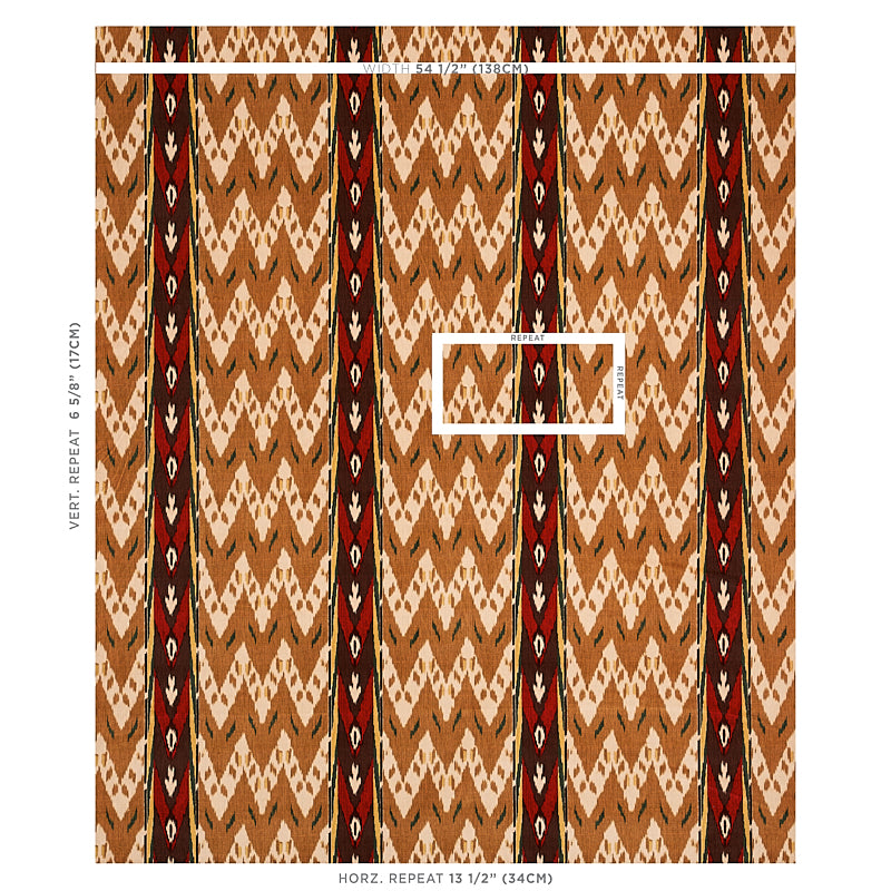 Woven fabric with tan, beige and brown zigzag ikat-like pattern and bold vertical red-brown stripes.