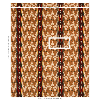 Woven fabric with tan, beige and brown zigzag ikat-like pattern and bold vertical red-brown stripes.
