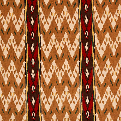Aztec/tribal patterned fabric with tan & brown diamonds, white chevrons, & dark red vertical stripes.