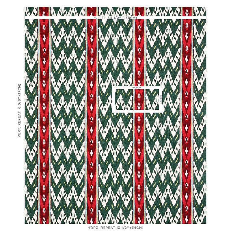 Woven textile with green chevron pattern on white background and bold red vertical stripes; geometric tribal fabric swatch.
