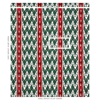 Woven textile with green chevron pattern on white background and bold red vertical stripes; geometric tribal fabric swatch.