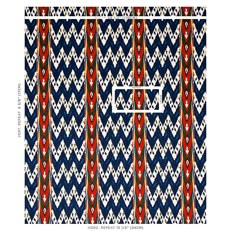 Chevron zigzag pattern on navy, white and red woven fabric with vertical red stripes and small diamond motifs.