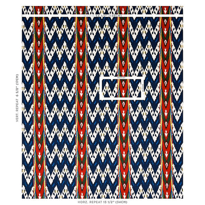Chevron zigzag pattern on navy, white and red woven fabric with vertical red stripes and small diamond motifs.