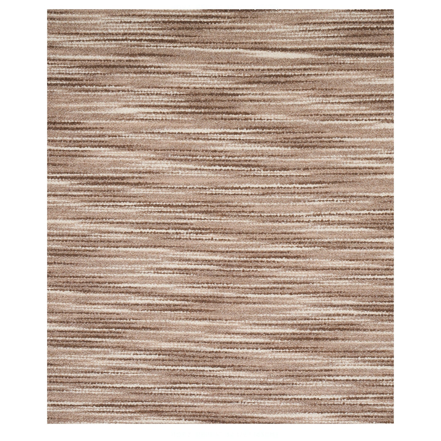 Beige and brown striped area rug with irregular horizontal bands and textured weave.