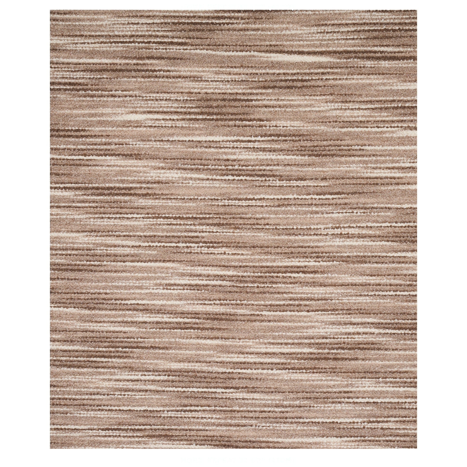 Beige and brown striped area rug with irregular horizontal bands and textured weave.