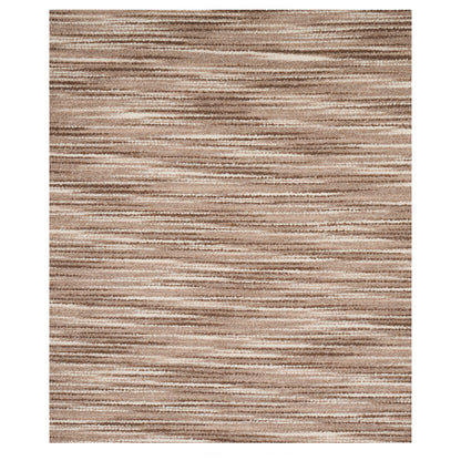Beige and brown striped area rug with irregular horizontal bands and textured weave.