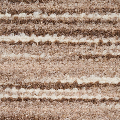 Close-up of a beige and brown striped woven rug with a looped pile texture.