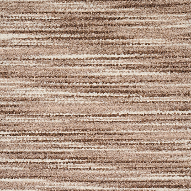 Beige & brown striped rug with horizontal bands & soft, textured pile for neutral, cozy home decor.