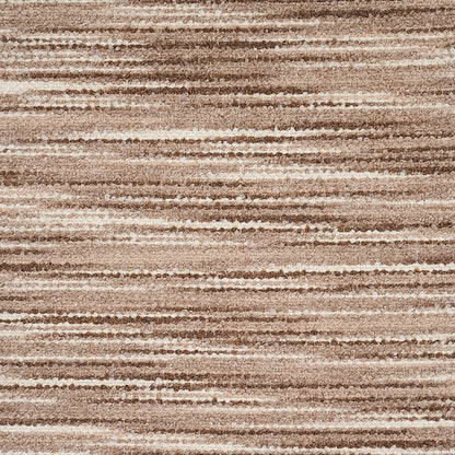 Beige & brown striped rug with horizontal bands & soft, textured pile for neutral, cozy home decor.