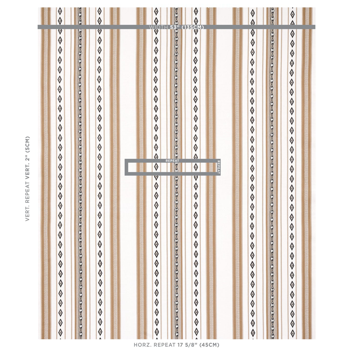 Vertical striped wallpaper with tan and white stripes and black diamond accents; contemporary geometric wallcovering.