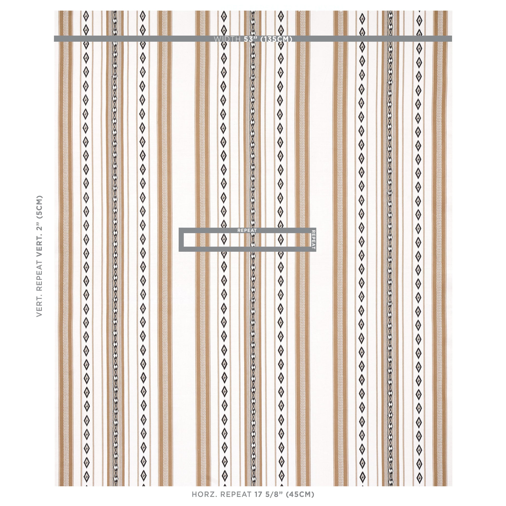 Vertical striped wallpaper with tan and white stripes and black diamond accents; contemporary geometric wallcovering.