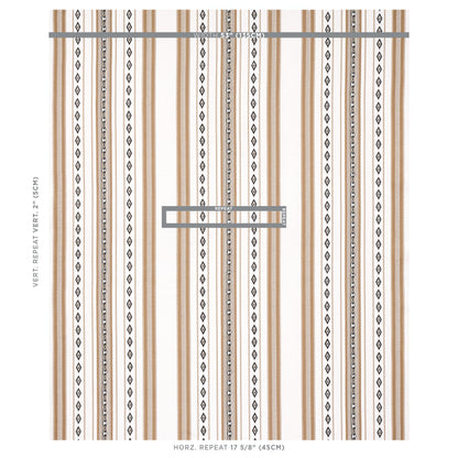 Vertical striped wallpaper with tan and white stripes and black diamond accents; contemporary geometric wallcovering.
