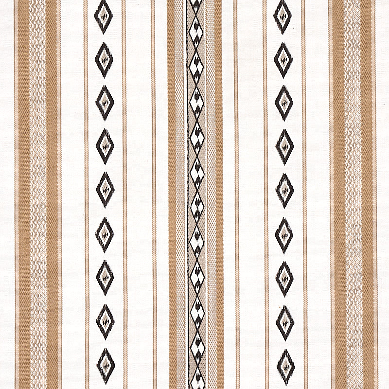 Beige and cream striped woven textile with black diamond motifs; geometric rug or curtain fabric.
