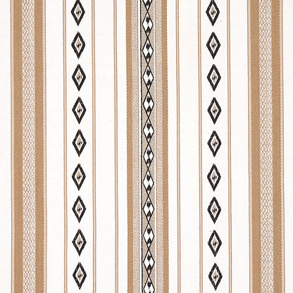 Beige and cream striped woven textile with black diamond motifs; geometric rug or curtain fabric.