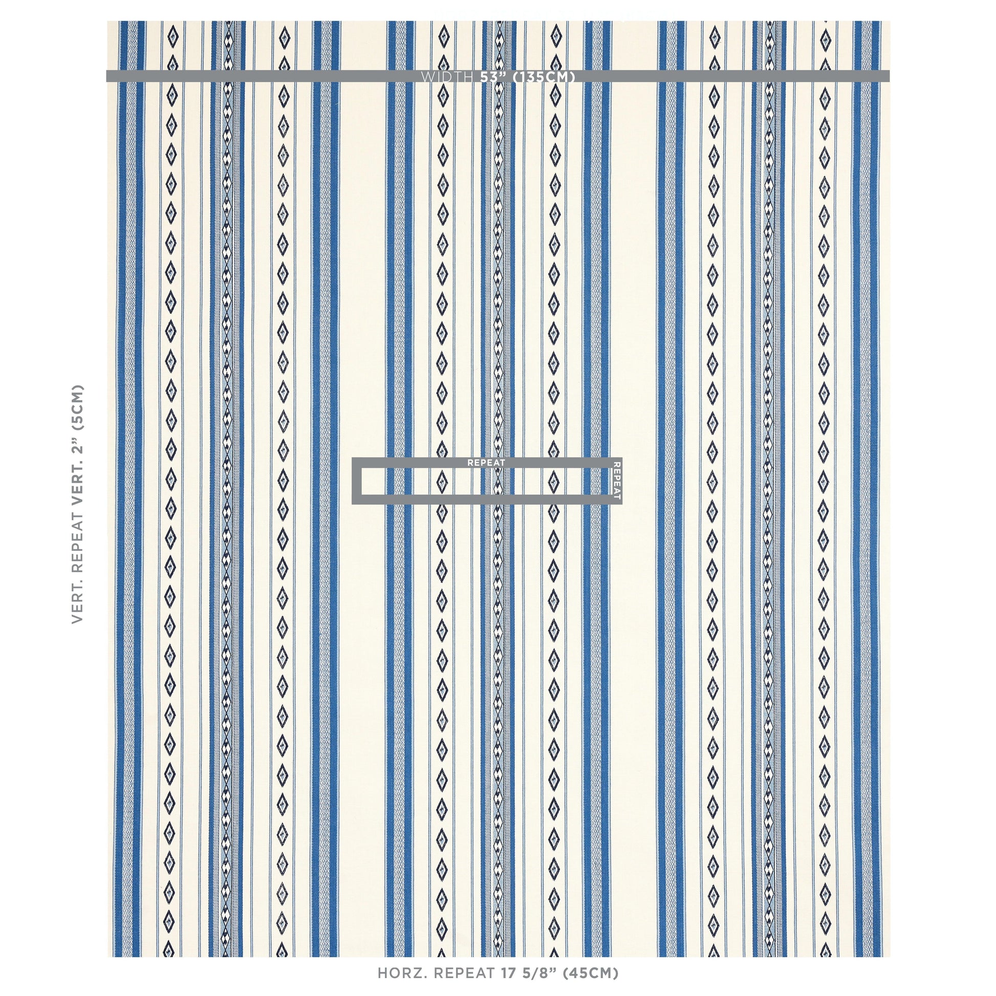 Blue and white striped wallpaper with narrow and wide vertical stripes and small diamond motifs; sample sheet.
