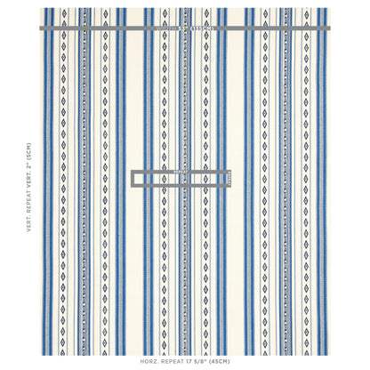 Blue and white striped wallpaper with narrow and wide vertical stripes and small diamond motifs; sample sheet.