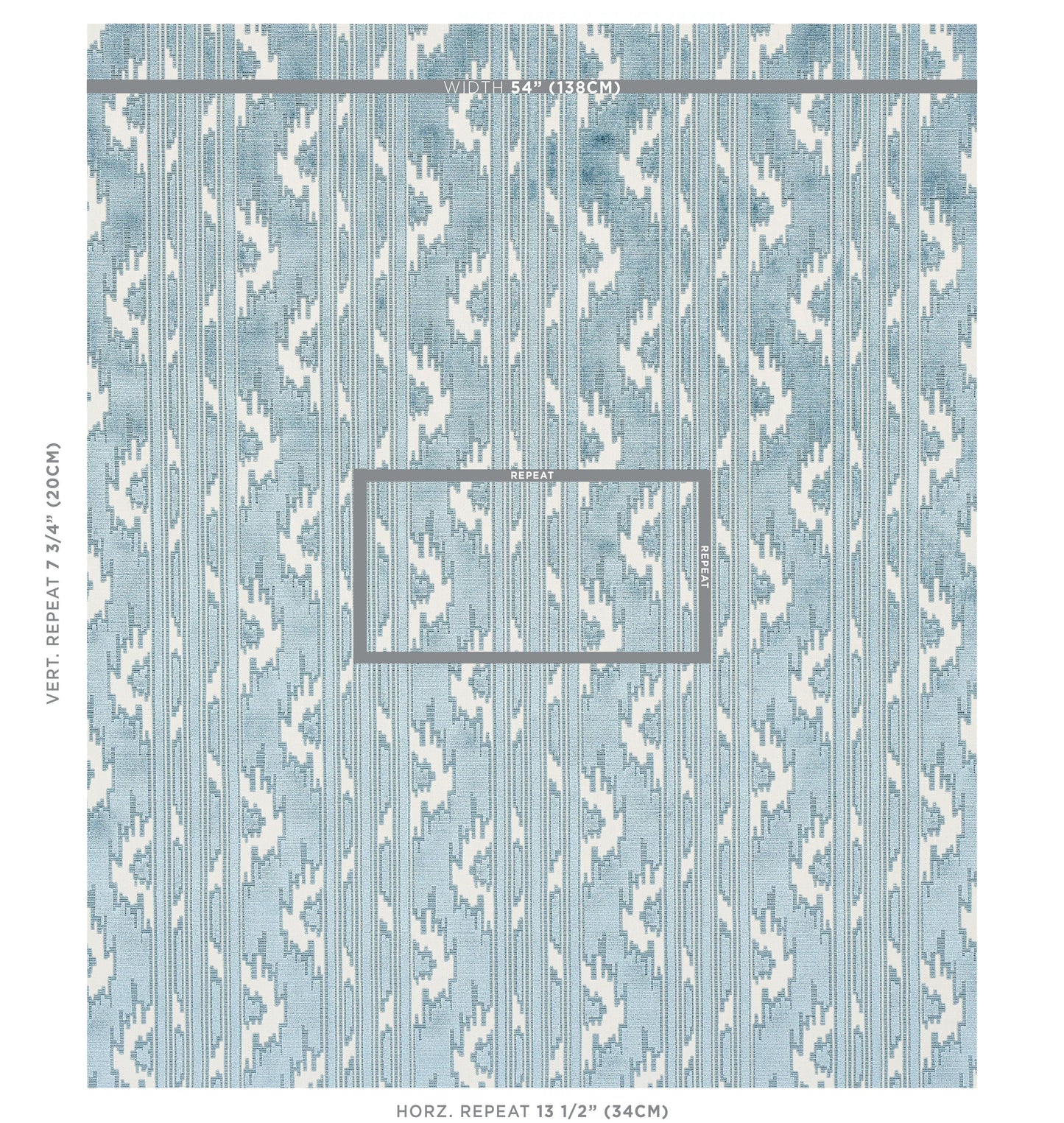 Blue and white ikat-inspired fabric with vertical repeating geometric pattern; upholstery/drapery bolt.