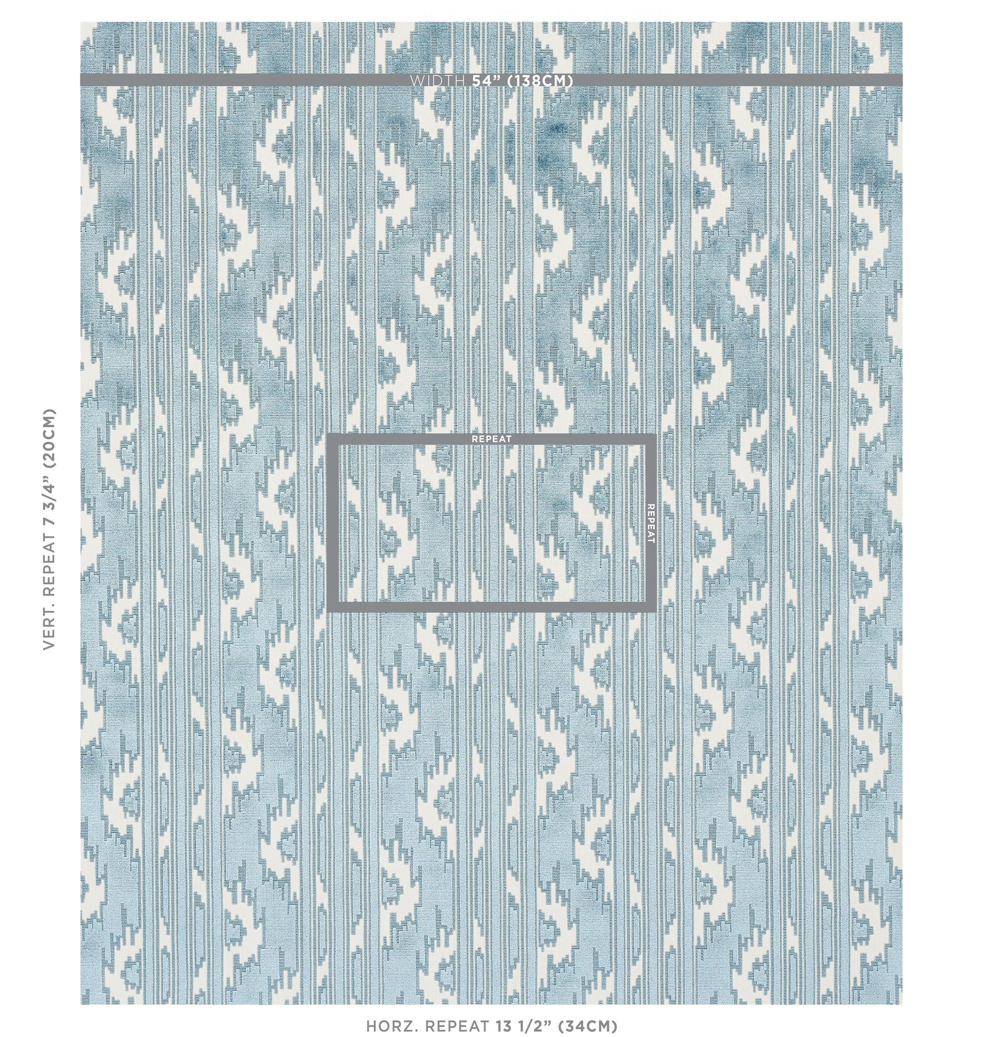 Blue and white ikat-inspired fabric with vertical repeating geometric pattern; upholstery/drapery bolt.