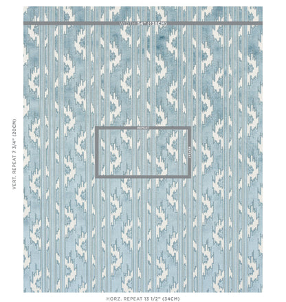 Blue and white ikat-inspired fabric with vertical repeating geometric pattern; upholstery/drapery bolt.