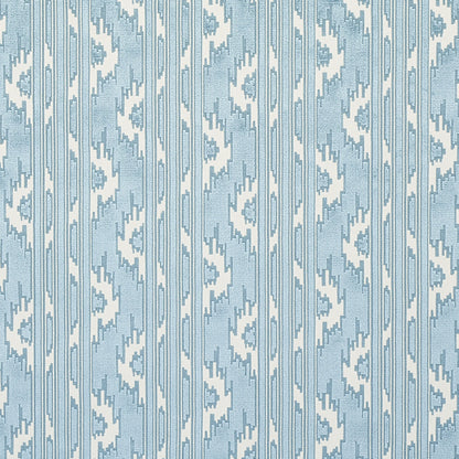 Light blue and white ikat-inspired geometric fabric pattern, vertical motifs; fabric swatch for upholstery or drapery.