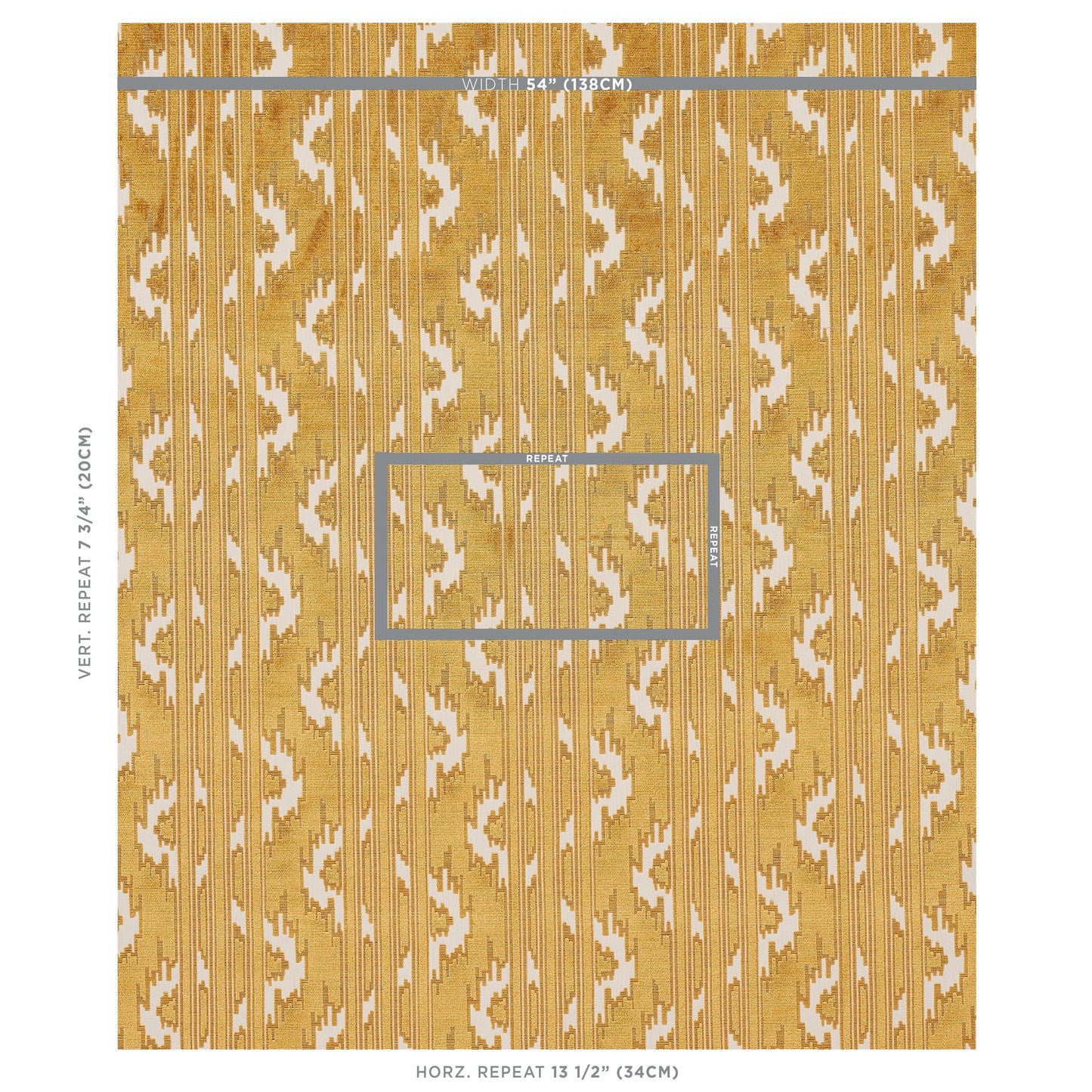 Gold ikat wallcovering sample on cream background with vertical repeat markings.