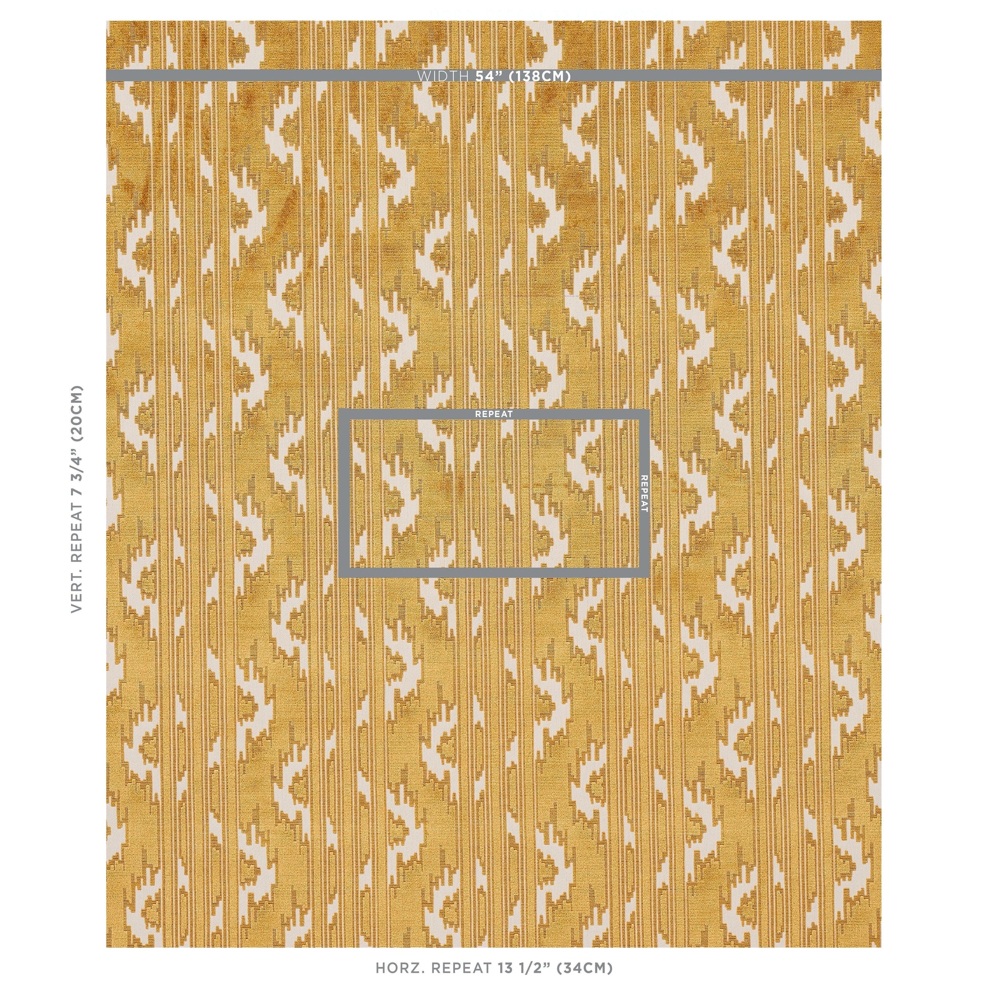 Gold ikat wallcovering sample on cream background with vertical repeat markings.
