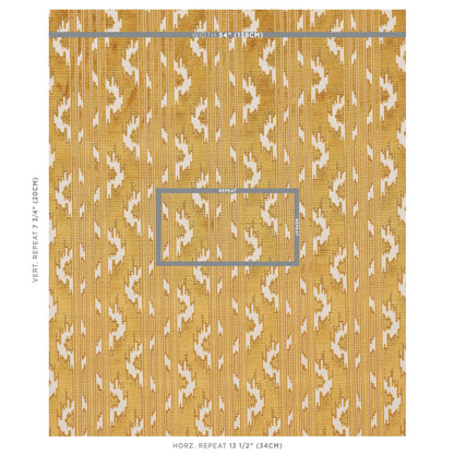 Gold ikat wallcovering sample on cream background with vertical repeat markings.